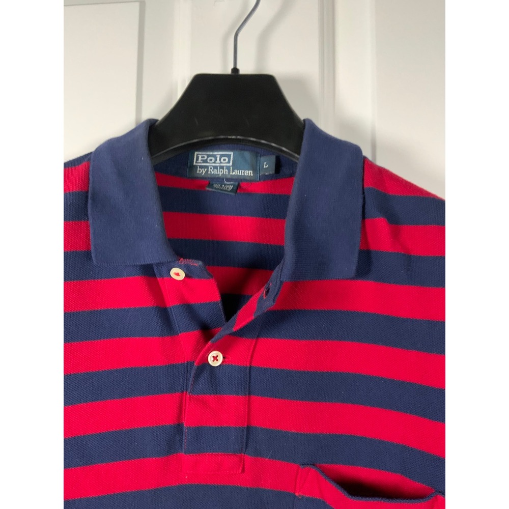 Polo Ralph Lauren Mens Large Red & Blue Striped Pocket Polo Shirt Short Sleeve
